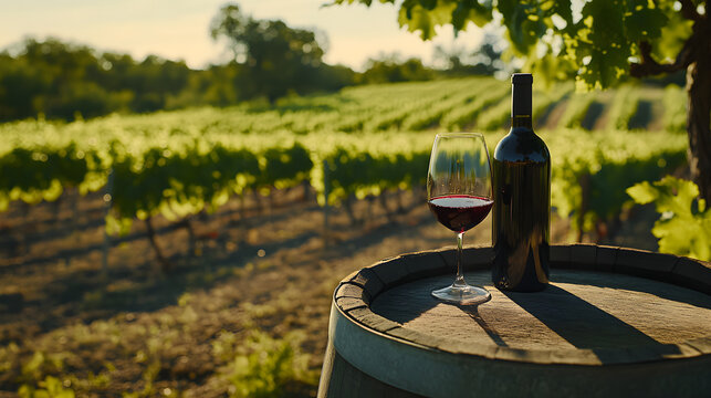 A glass and bottle of red wine on a wooden barrel in a vineyard. Scenic countryside landscape during a warm sunset. Winemaking and viticulture concept - Powered by Adobe