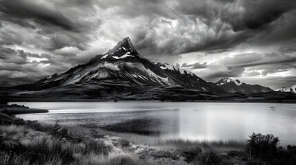 Dramatic black and white mountain landscape with snow-capped peak. Still lake reflecting rugged wilderness under heavy clouds