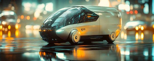 Futuristic autonomous vehicle on a wet urban street at night. Sleek electric car with modern design and city light reflections. Future transportation concept