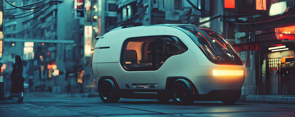 Futuristic autonomous vehicle on a cyberpunk city street at night. Modern urban transportation technology in a smart city setting