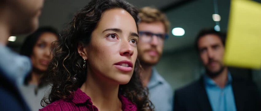 A thoughtful woman engaged in a meeting with peers present.