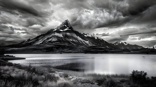Dramatic black and white mountain landscape with snow-capped peak. Still lake reflecting rugged wilderness under heavy clouds - Powered by Adobe