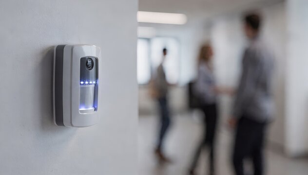 Medium shot of a wallmounted sensor unit alerting staff by flashing lights the device crystal clear while the motion in the background stays gently blurred to show discreet