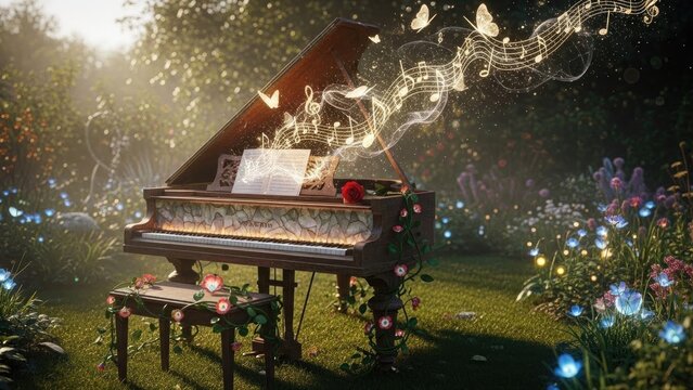 Grand piano in a vibrant garden, with glowing musical notes ascending into the air alongside butterflies, surrounded by lush greenery and luminous flowers at dawn, evoking a sense of magical