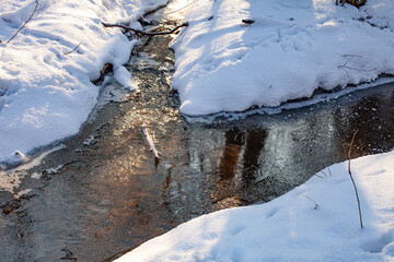 Two small streams meeting in winter, flowing through snow and ice. Natural confluence symbolizing connection, transition and water flow during seasonal thaw in a calm forest setting