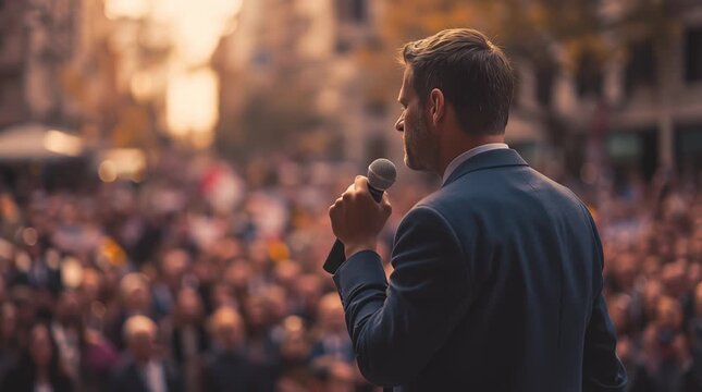 Male politician giving a speech to his followers during an outdoors political rally	
