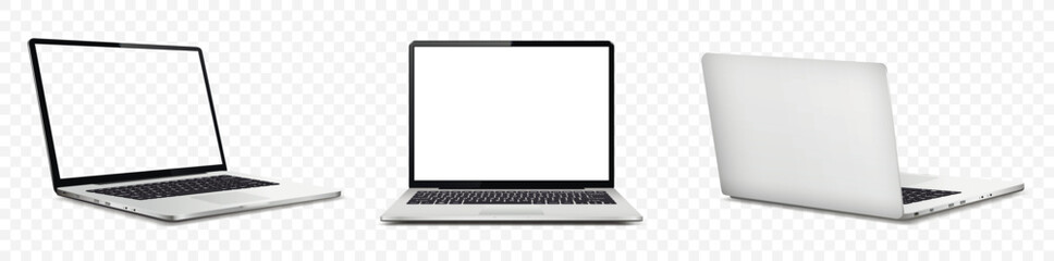 Naklejka premium Laptop computer with white and empty screen, front and rear view isolated on transparent background