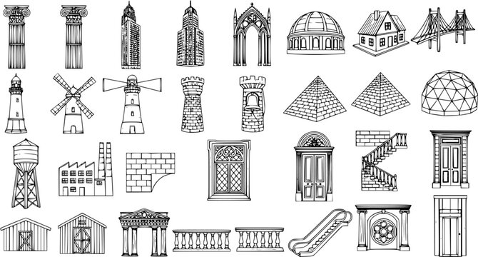 Architectural and Construction Buildings, Structures, and Elements: Black and White Line Art Sketch Icons Set for Design and Engineering