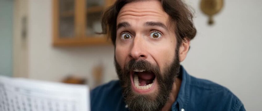 A delighted man reacts joyfully while reading good news.