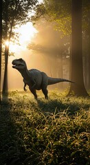 A Tyrannosaurus Rex ambles through a wooded area during early morning. The sun shines, creating sunbeams through the trees and highlighting dew on the grass