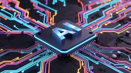 AI Microchip Processor with Colorful Circuit Board Connections