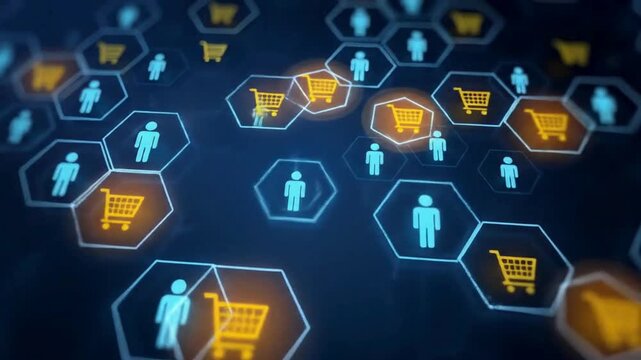 Ecommerce network animation video showing online shopping connections, customer interaction icons, digital retail marketplace growth, data driven business technology background