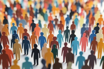 Naklejka premium Crowd of paper cut out figures standing together representing teamwork and community in a colorful and diverse setting