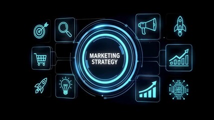 Digital marketing strategy animation video with analytics dashboard, growth icons, online business planning, data driven advertising, modern marketing technology background - Powered by Adobe
