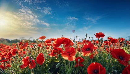 Obraz premium Memorial Day Poppy Tribute Blue Sky Vertical Banner Commemorative Design Patriotic Image Remembrance Day Red Poppies Background