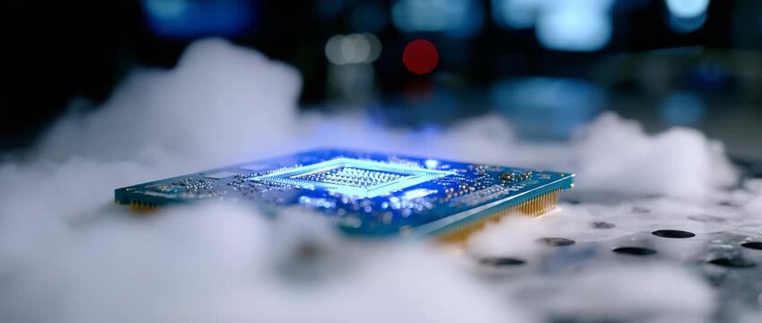 A microchip emanates blue light amidst a cloud of smoke.