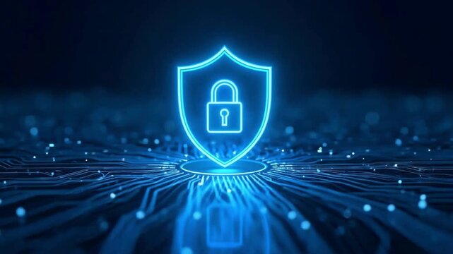 Cyber security protection animation video with digital shield and lock icon, data privacy defense, network safety, secure technology concept background