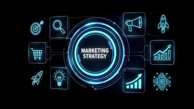Digital marketing strategy animation video with analytics dashboard, growth icons, online business planning, data driven advertising, modern marketing technology background
