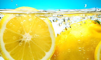 Fresh yellow lemon slices splashing in refreshing sparkling water with bubbles against a blue background