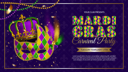 mardi banner with mask with feathers and crown. mardi gras carnival party flyer