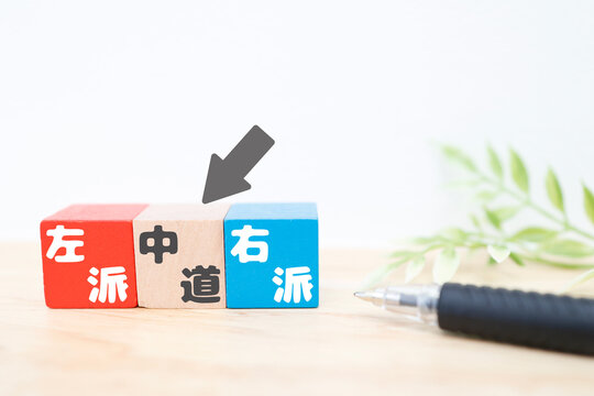 中道を示す矢印と木製ブロック。左派と右派の中間概念。
