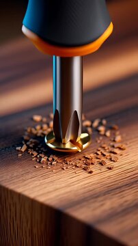Macro 3D animation of a screwdriver bit driving a brass screw into dark wood grain with shavings, illustrating carpentry and construction assembly.