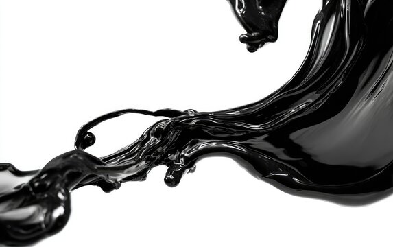 Viscous black liquid splashes and swirls against a stark white background