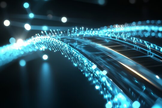Connecting data transfer and connectivity through a 3D bridge with glowing beams of blue and silver in a virtual environment