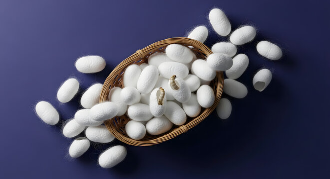 Silk cocoons in a woven basket on dark blue background