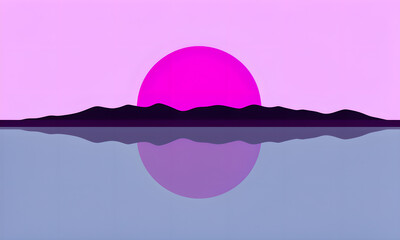 Minimalist flat design landscape with a bold pink sun reflecting on still water.
