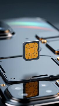 Macro 3D render of a gold SIM card chip floating above a dark metallic smartphone tray, illustrating mobile connectivity and 5G technology concepts