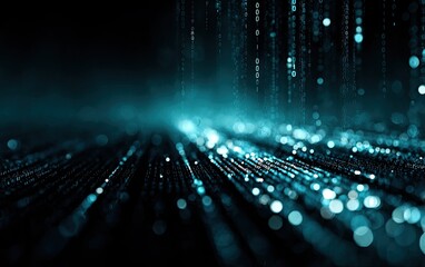 Digital stream of binary code descending into a glowing, abstract, technological landscape