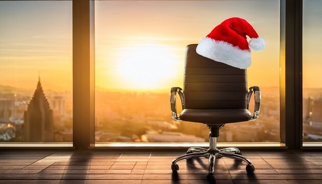 Silla De Oficina Con Gorro De Papa Noel Frente A Ventana Al Amanecer Luz Dorada Y Copy Space Para Saludo Corporativo De Navidad