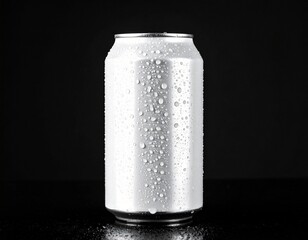 Refreshing frosty aluminum can with condensation, isolated on dark backdrop