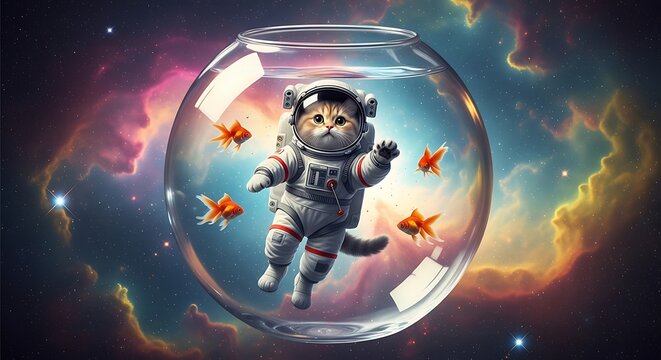 Astronaut cat in a cosmic fishbowl