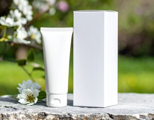 White cosmetic cream tube and packaging box on a natural stone surface