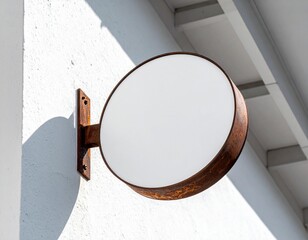 Outdoor empty circular metal sign with rustic frame on white wall