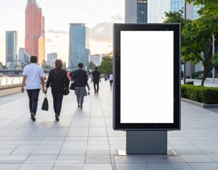Blank vertical digital billboard mockup on city street with pedestrians