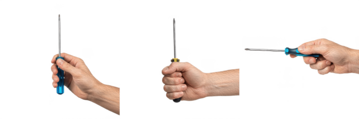 Set/Collection of human hand holding screwdriver, manual hand tool for repair, construction, maintenance, DIY work and mechanical fixing concept isolated on transparent PNG background