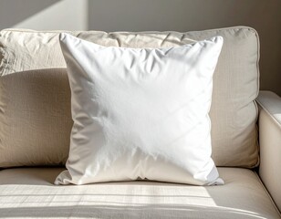 Soft White Cushion on Modern Sofa Bathed in Gentle Sunlight Cozy Home Decor