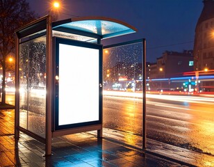 Wet city bus stop with glowing blank ad space on a dark, rainy night