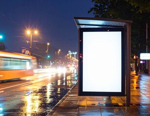 Empty advertising screen at urban bus stop on a rainy night