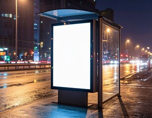 White screen advertising billboard in the city on a rainy evening