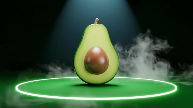 dancing avocado. A halved avocado sits on a glowing green circle, illuminated by a spotlight, surrounded by swirling mist, showcasing its vibrant texture and rich colors