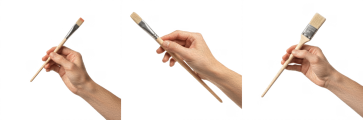 Set/Collection of human hand holding paint brush, artistic tool for painting, creativity, fine art, DIY craft and creative expression concept isolated on transparent PNG background