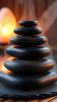 Steaming black basalt stones stacked in perfect balance near a pink orchid in a serene 3D illustration, symbolizing wellness and harmony