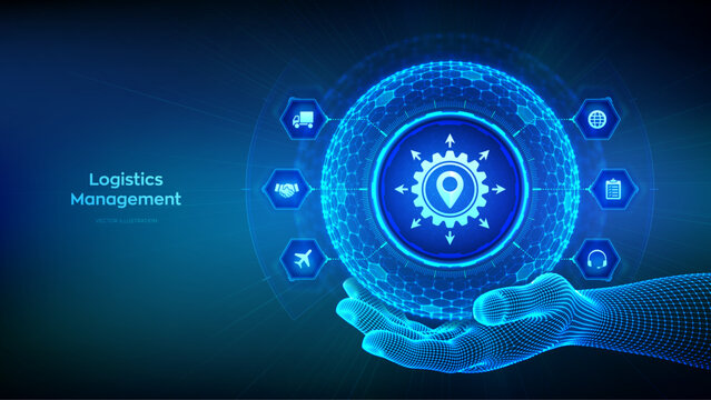 Smart logistics, transportation technology concept. Logistics management. Logistic global network distribution. 3D Sphere with a hexagonal surface in wireframe hand. Vector illustration.