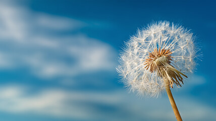 Naklejka premium 青空にたんぽぽの綿毛がふわりと舞い、広い余白を残す爽やかな一枚