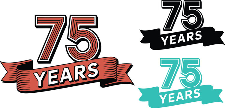 A graphic design celebrating 75 years with a red banner and white text