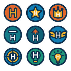 Fototapeta premium Colorful h icons collection: stars, crowns, and creative symbol designs
